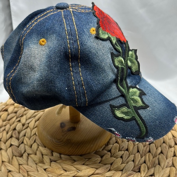 Denim Cap with Red Rose Embroidery - Picture 2 of 5